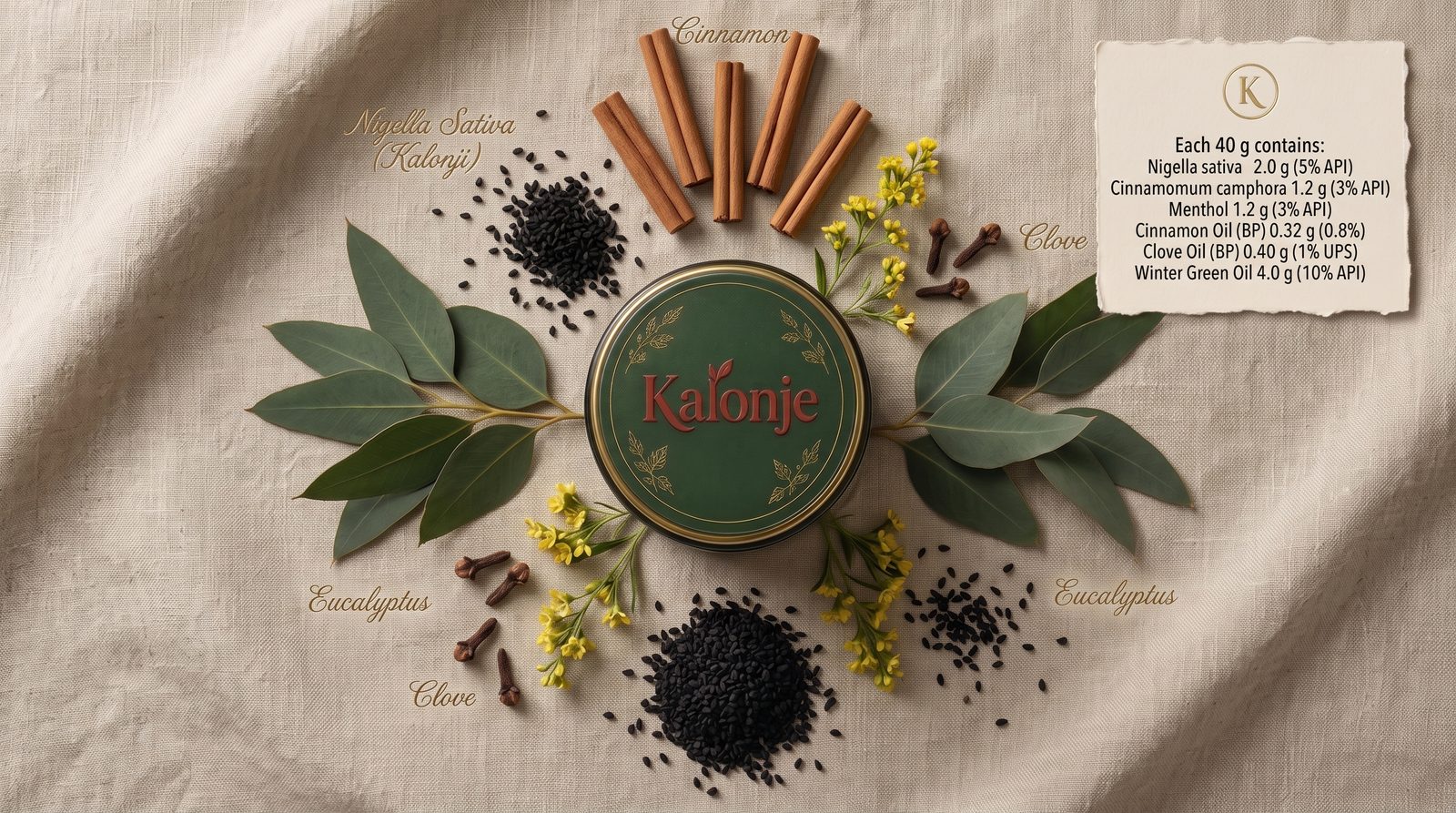 Kalonje ingredients — nigella sativa, cinnamon, clove, eucalyptus