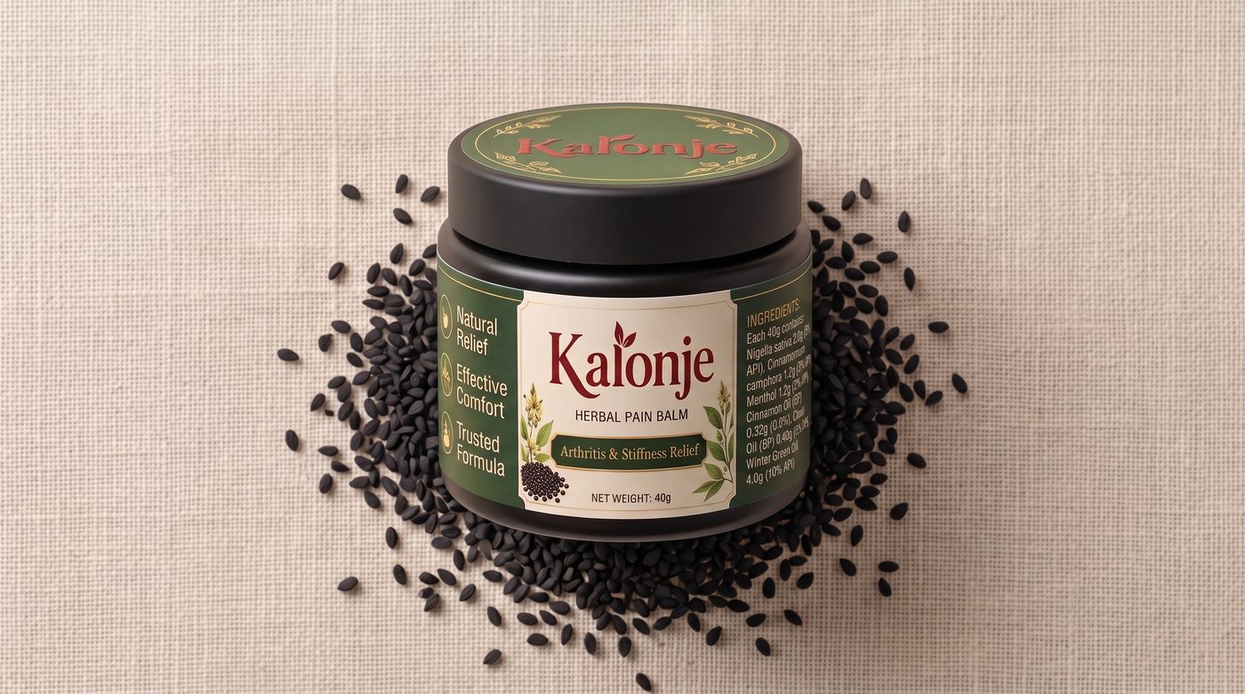 Kalonje Herbal Pain Balm 40g jar with black seeds